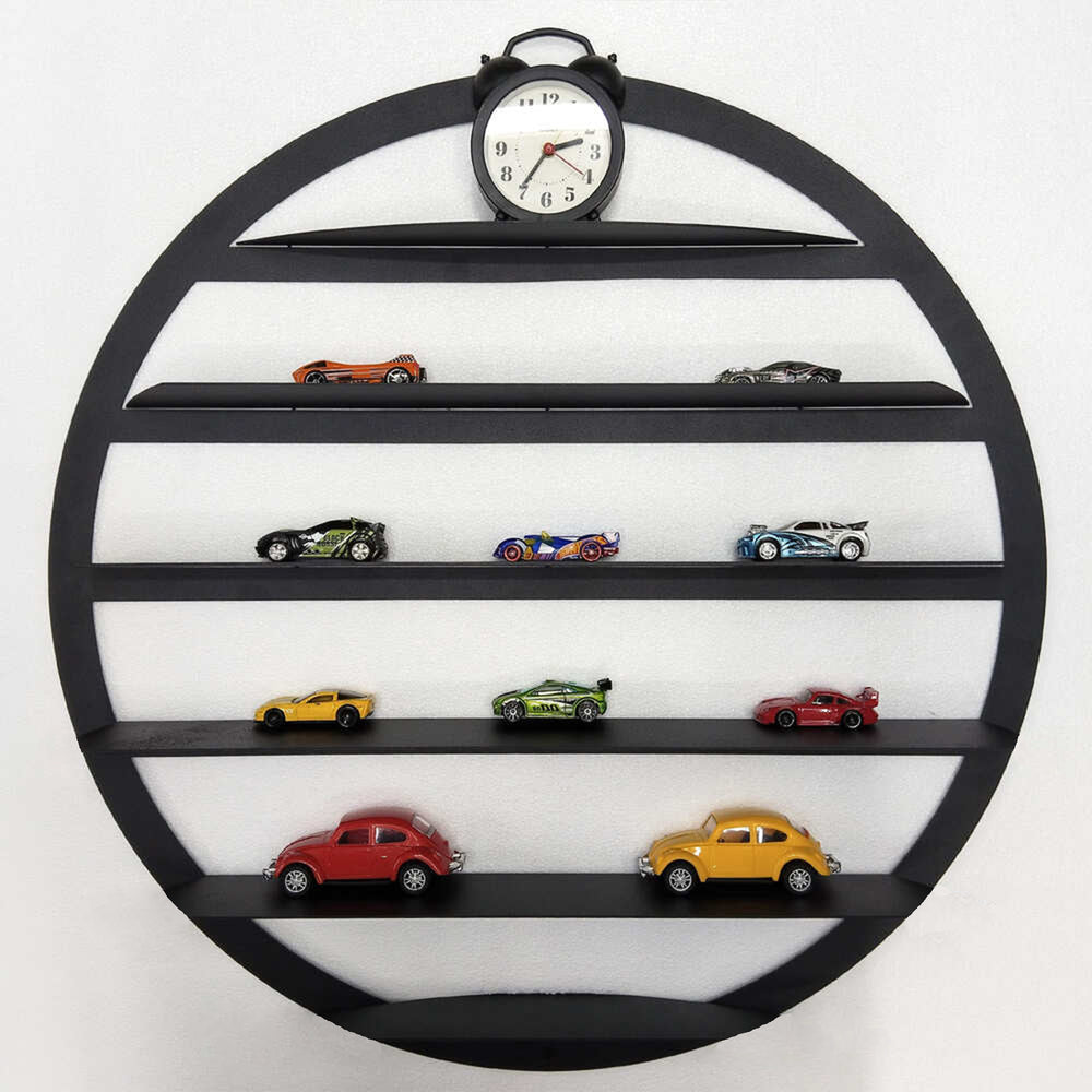 A round black metal wall-mounted shelf for displaying 1/64 model cars with a modern design and multiple horizontal tiers.