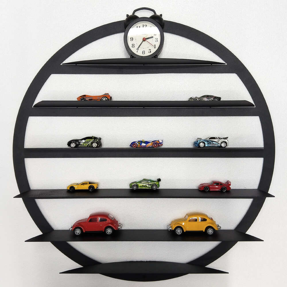 A round black metal wall-mounted shelf for displaying 1/64 model cars with a modern design and multiple horizontal tiers.