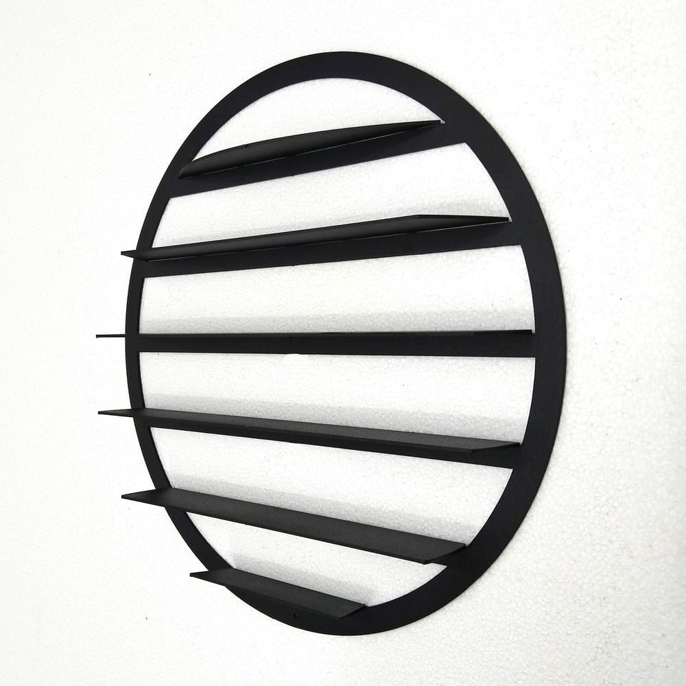 A round black metal wall-mounted shelf for displaying 1/64 model cars with a modern design and multiple horizontal tiers.