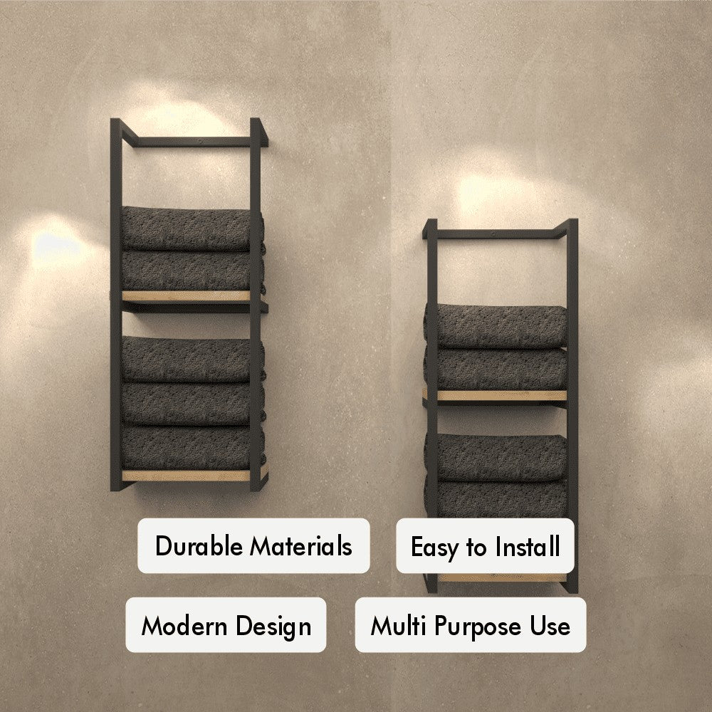 Two-tier mounted bathroom shelf for towel and blanket storage, two pieces, with features such as durable, easy to install, modern design, and multi purpose use