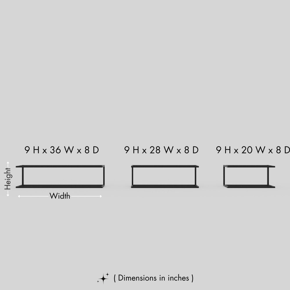 A size comparison chart of 2-tier metal shoe storage shelves, showcasing three different widths: 36 inches, 28 inches, and 20 inches, all with a height of 9 inches and a depth of 8 inches, set against a plain white background.