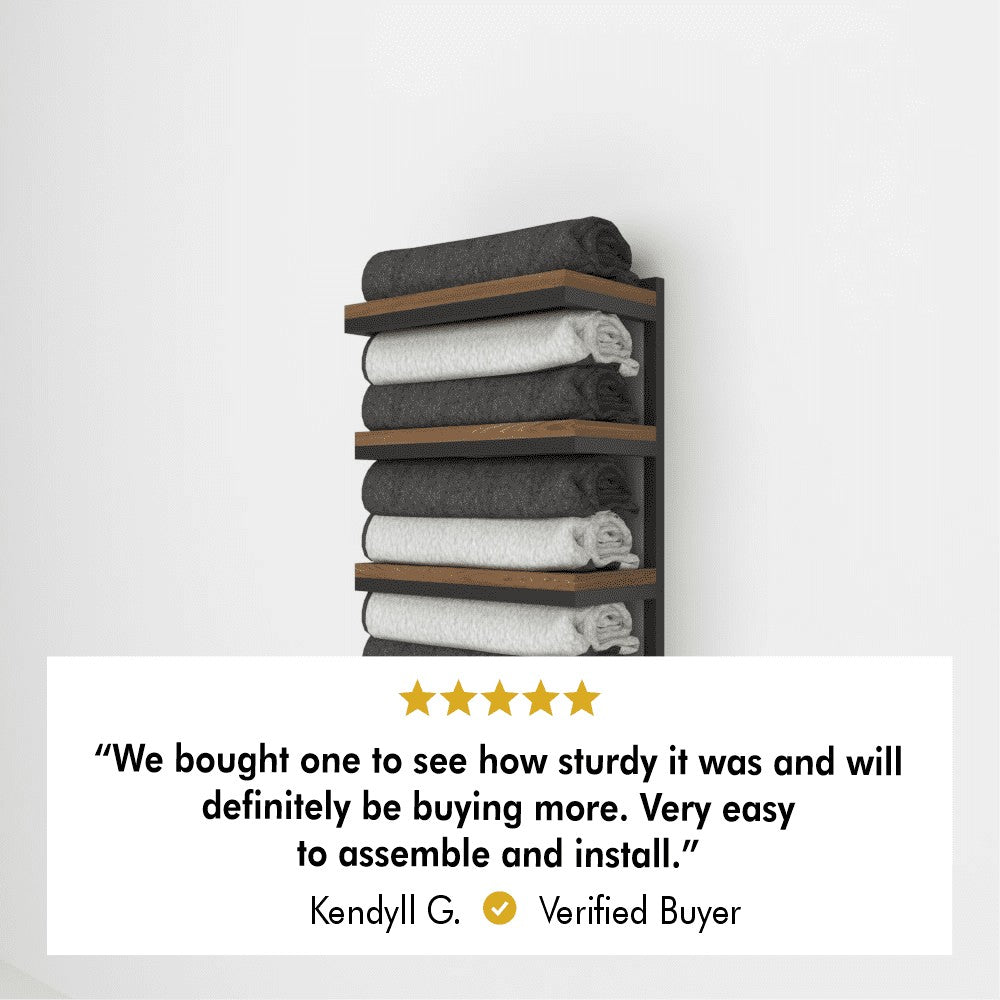 A compact 4-tier towel stacker with a review stating "We bought one to see how sturdy it was and will definitely be buying more. Very easy to assemble and install" by Kendyll G., with a five-star rating.