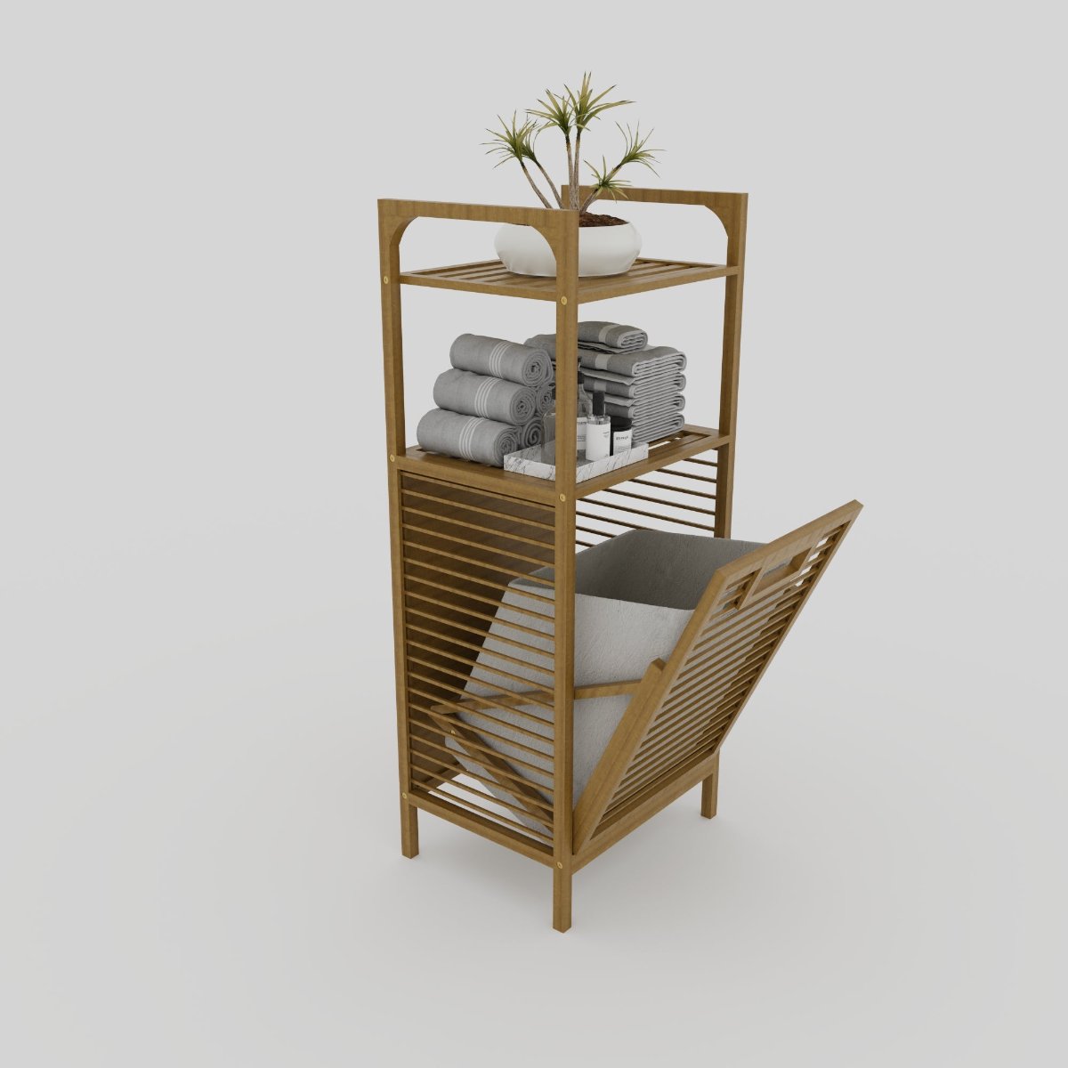 "Natural bamboo bathroom storage cabinet with an open laundry basket, featuring neatly organized towels and a potted plant on top.