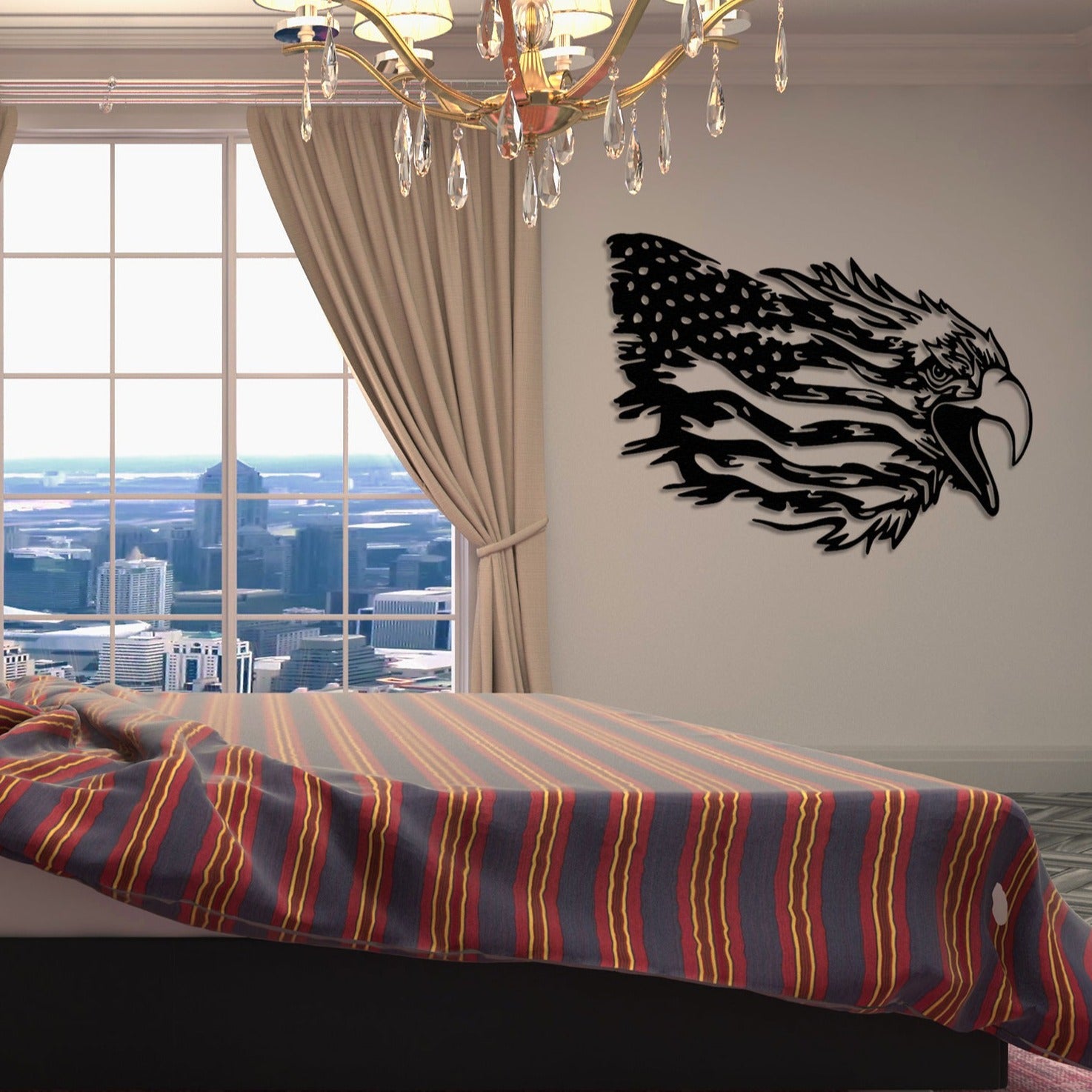 A serene bedroom adorned with a majestic black metal wall art featuring a proud American bald eagle with outstretched wings