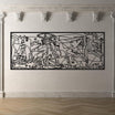 Large black metal wall art, Pablo Picasso's Guernica, featuring abstract figures and scenes in a minimalist, line-art style, displayed on a light-colored wall with decorative molding and a marble floor