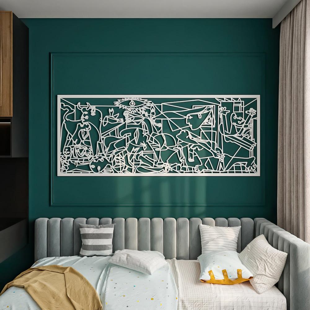 White metal wall art inspired by Pablo Picasso's 'Guernica,' featuring an intricate design on a dark blue wall. The artwork adds a striking visual element above a dark wooden sideboard, creating a modern and sophisticated atmosphere in the room.