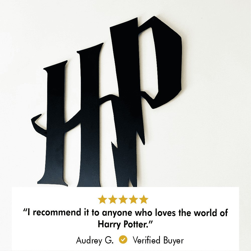 A black metal wall art featuring the iconic Harry Potter lightning bolt symbol. The image includes a positive customer review from Audrey G., who recommends the product to anyone who loves the world of Harry Potter.