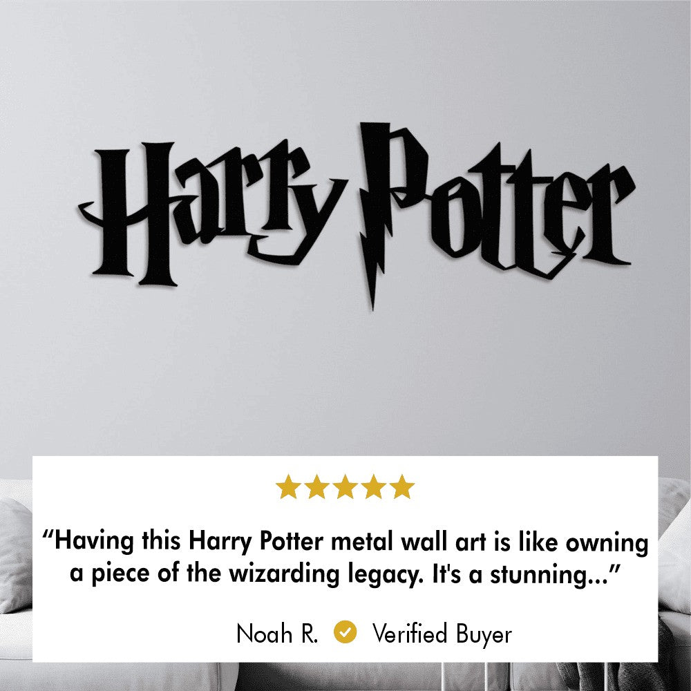 Black Harry Potter-themed metal wall art mounted on a light gray wall. Below the wall art is a 5-star customer review that reads, "Having this Harry Potter metal wall art is like owning a piece of the wizarding legacy. It’s a stunning...” The review is from Noah R., marked as a verified buyer, highlighting customer satisfaction with the product.