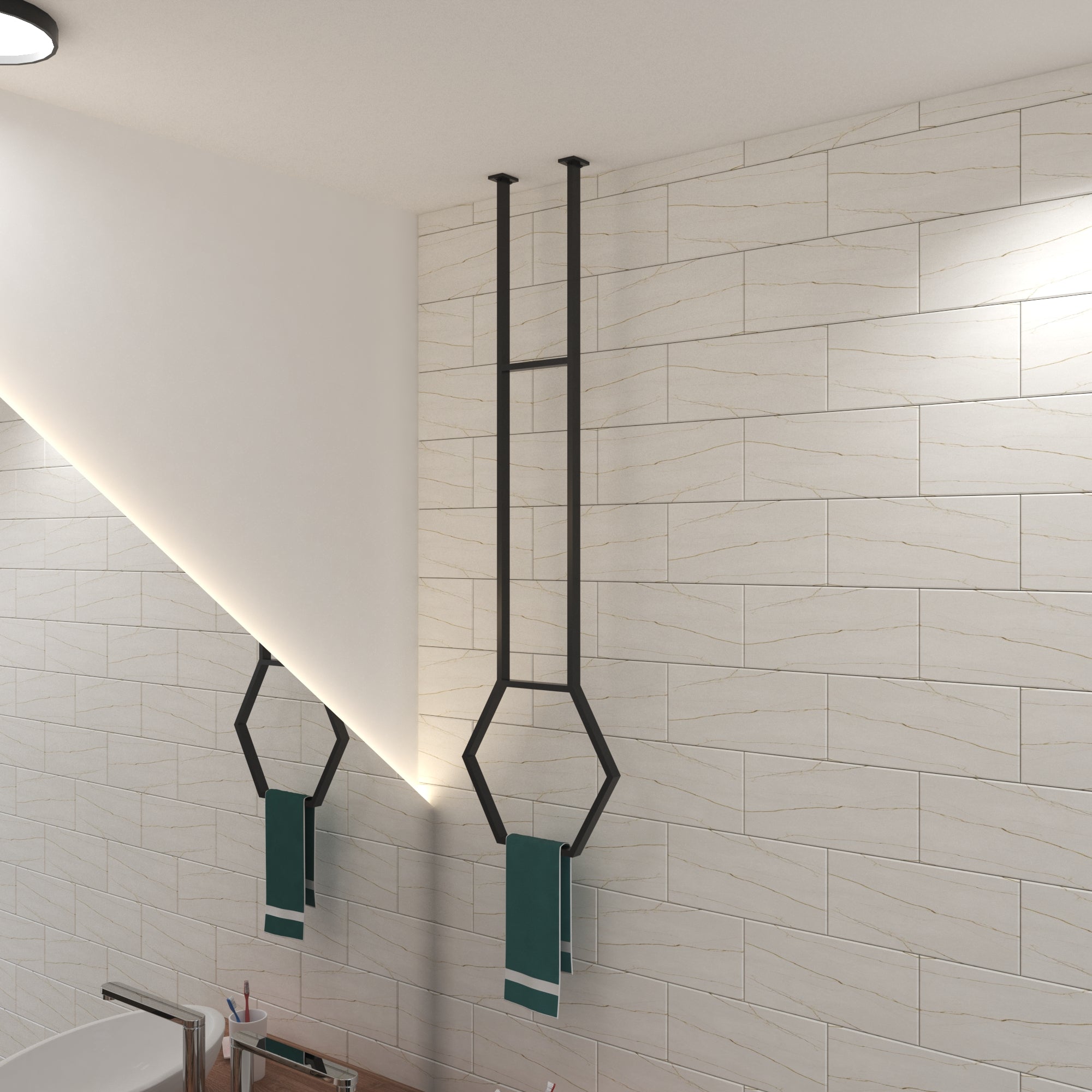 Space-saving hexagonal ceiling rack for hanging towels and robes.