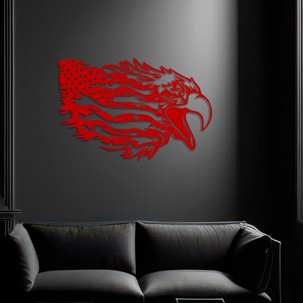 Red metal wall art featuring a majestic American bald eagle with outstretched wings