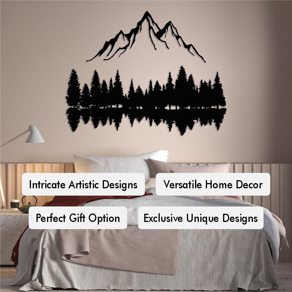 Metal wall art featuring a mountain and forest silhouette with reflection
