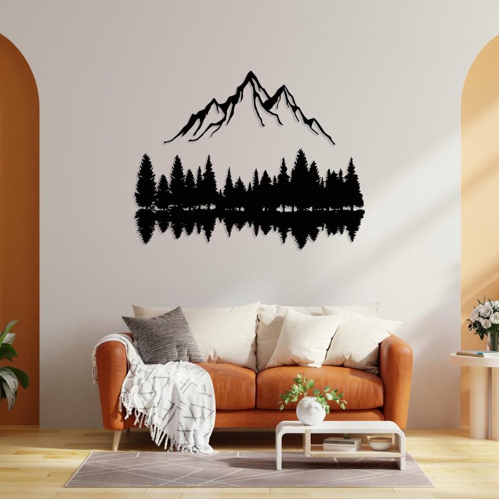 Black metal silhouette of trees and mountains creating a rustic vibe
