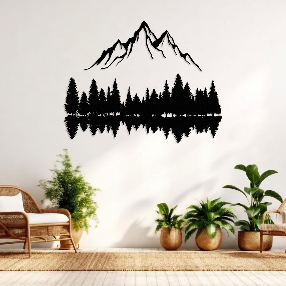 Nature-inspired metal wall decor with a serene landscape design
