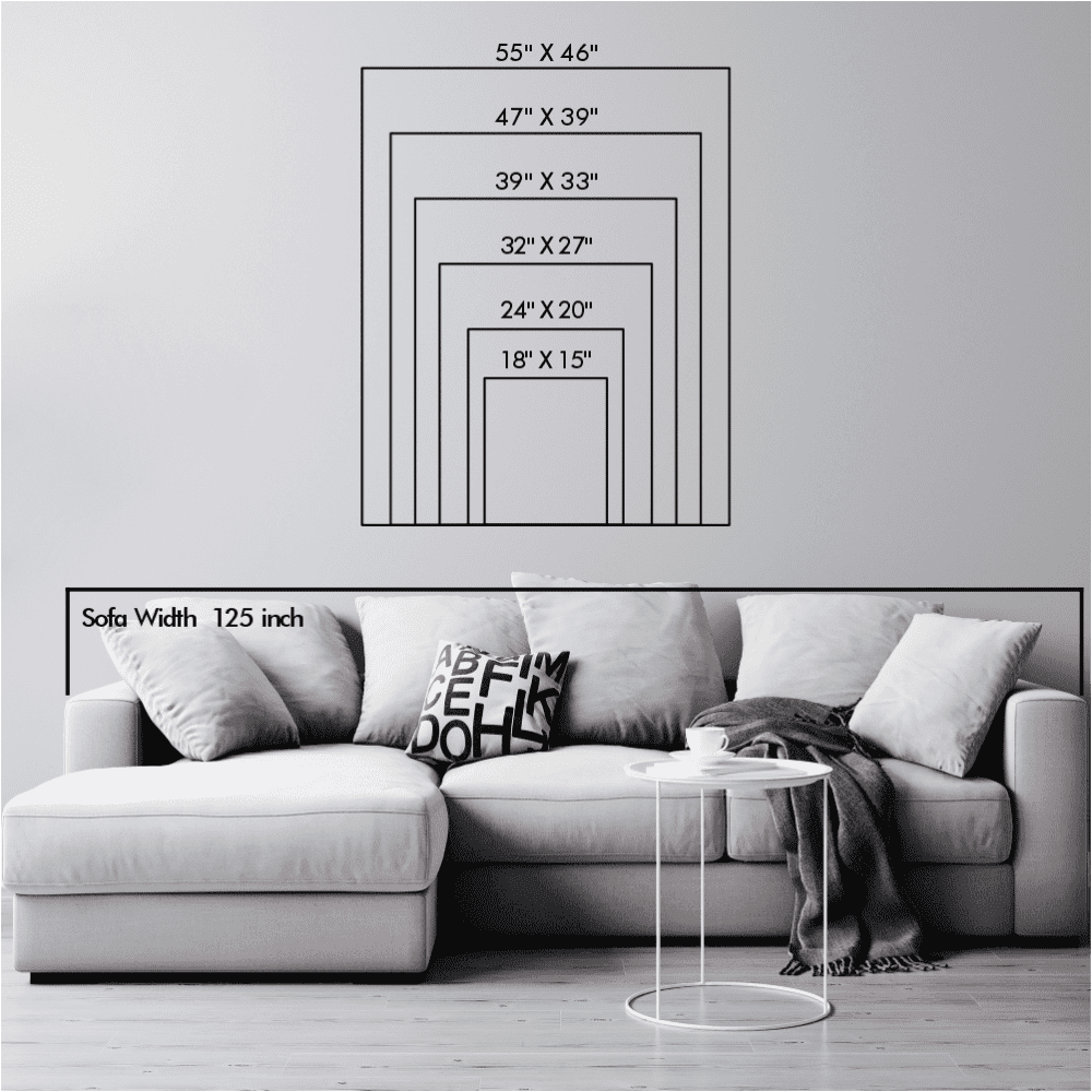 Size chart for wall art featuring various dimensions ranging from 18"x15" to 55"x46", displayed above a 125-inch wide sofa for scale.