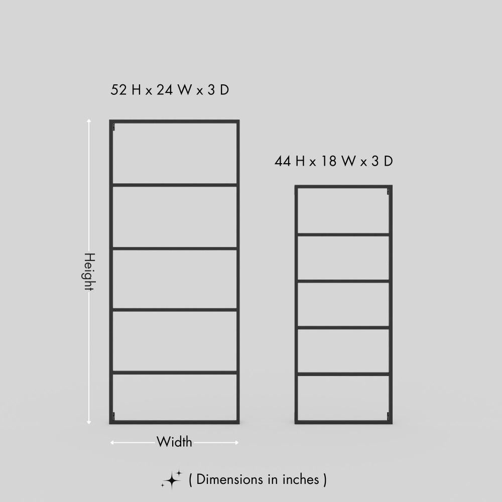 Dimensions of two wall-mounted 6-tier towel holders, with the larger one measuring 52 inches in height, 24 inches in width, and 3 inches in depth, and the smaller one measuring 44 inches in height, 18 inches in width, and 3 inches in depth.