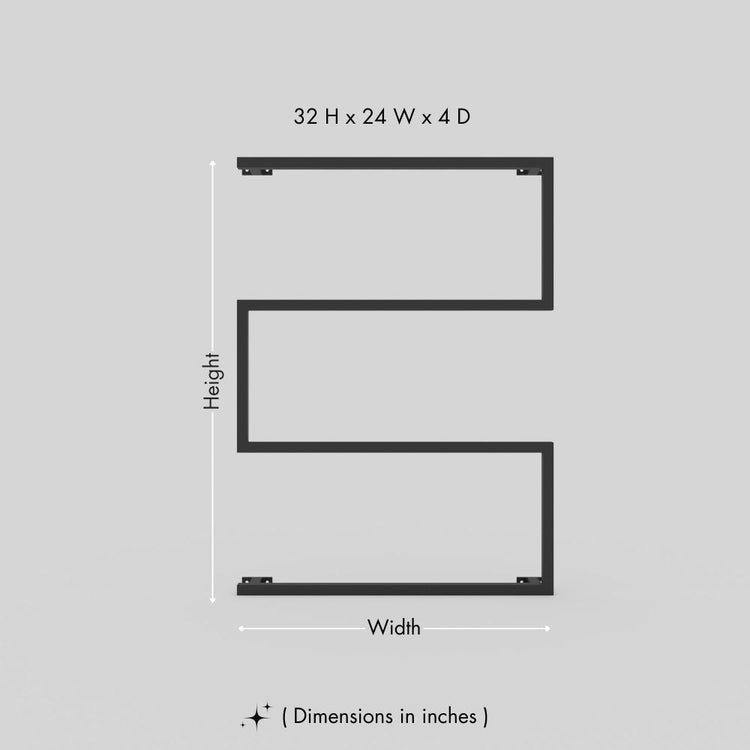 Diagram of a wall-mounted black towel holder with dimensions labeled as 32 H x 24 W x 4 D (inches), featuring a modern rectangular design.