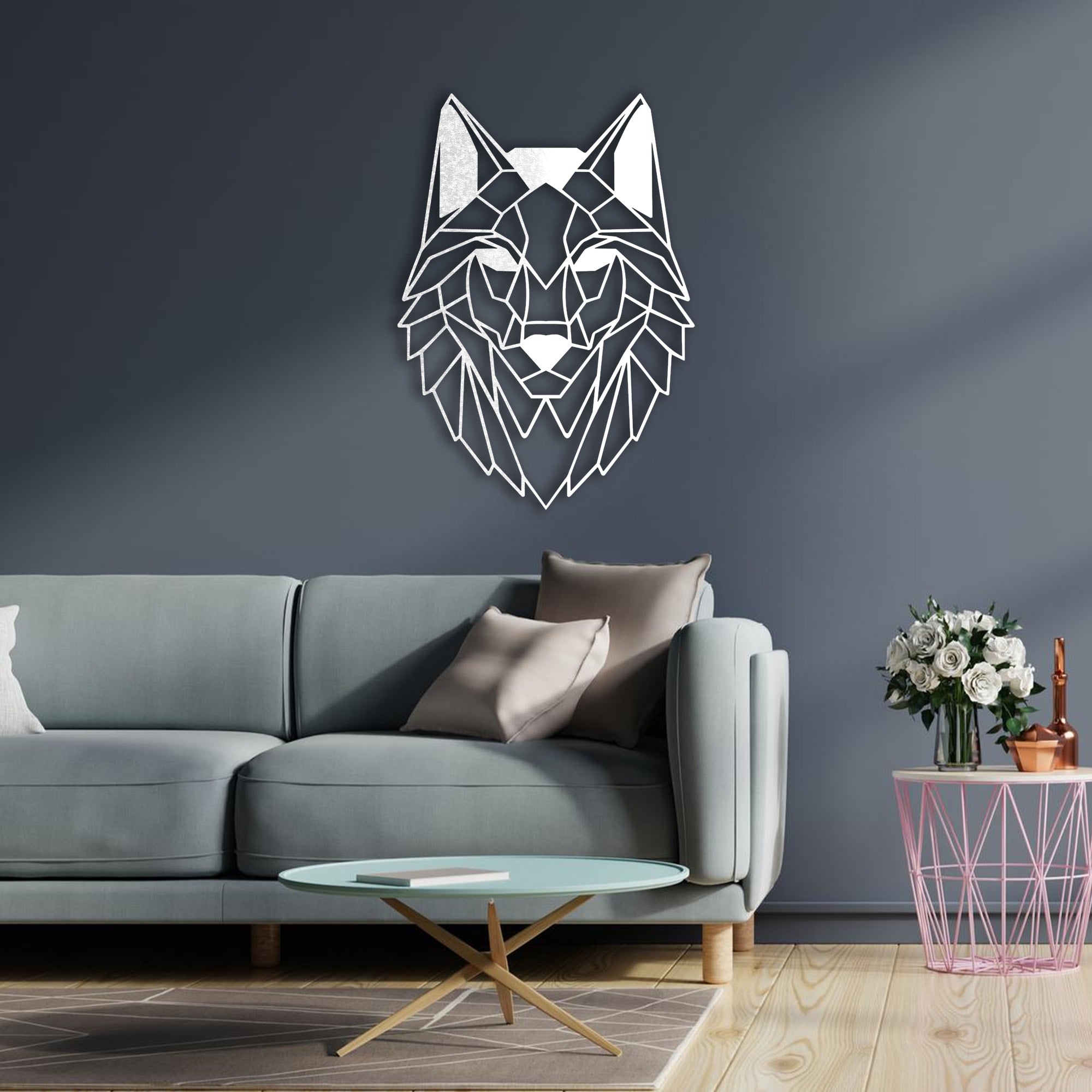 alpha wolf metal wall art white