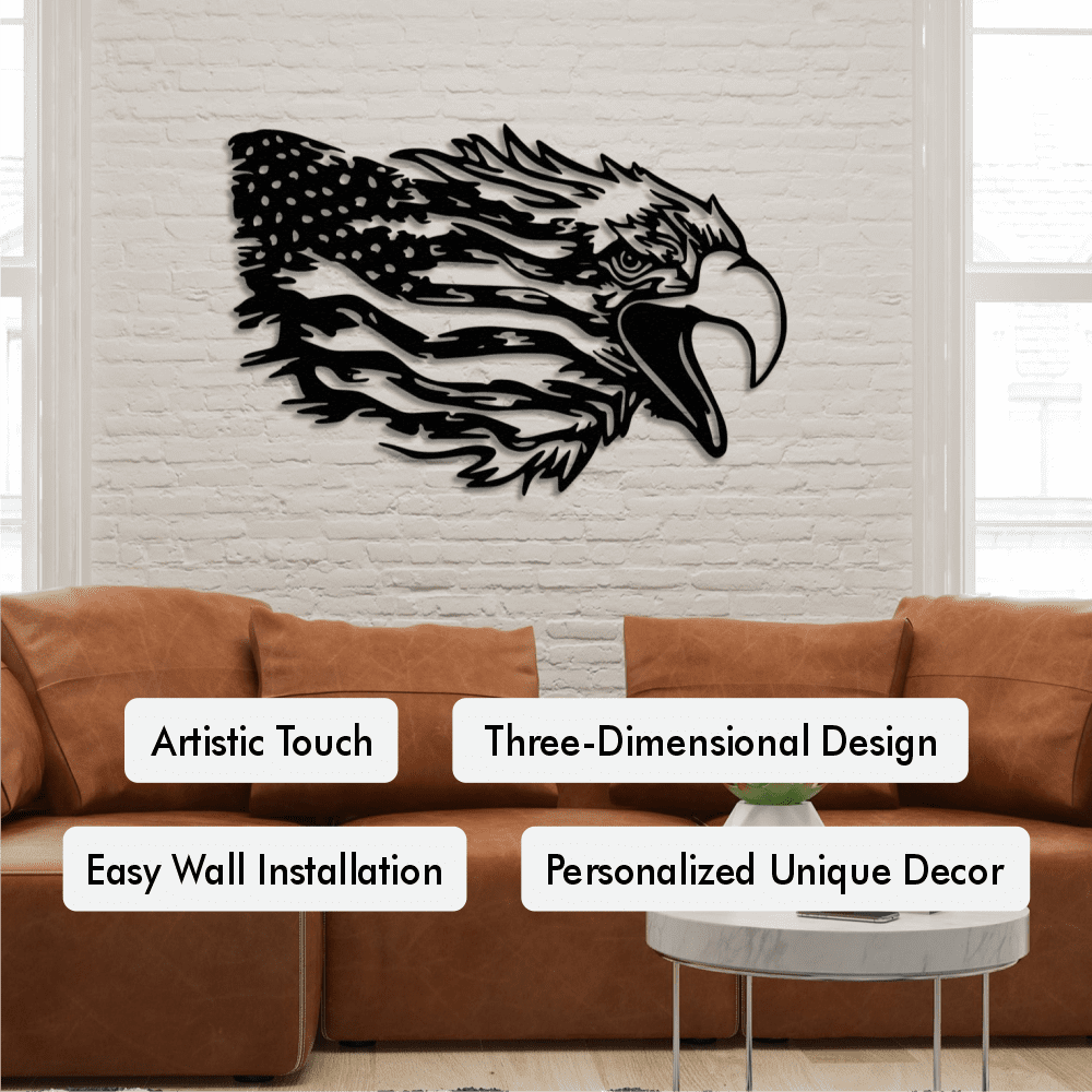 American-themed metal wall art featuring a dynamic eagle head with flag-inspired details, mounted on a white brick wall above a brown leather sofa. Highlighted text bubbles emphasize features such as "Artistic Touch," "Three-Dimensional Design," "Easy Wall Installation," and "Personalized Unique Decor."