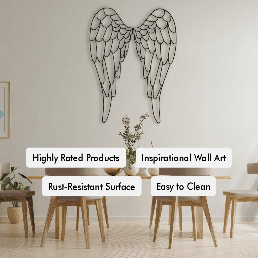 A modern dining room decor featuring large metal angel wings wall art above a minimalist wooden dining table. Text overlays highlight the product's features, including "Highly Rated Products," "Inspirational Wall Art," "Rust-Resistant Surface," and "Easy to Clean."