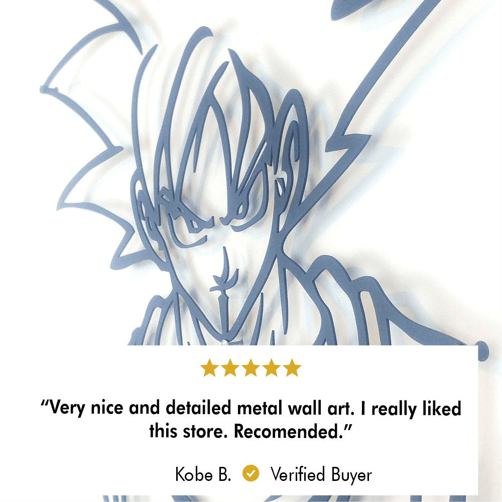 A close-up of anime-inspired metal wall art featuring sharp, detailed lines. Below the artwork is a 5-star customer review from a verified buyer, Kobe B., stating: "Very nice and detailed metal wall art. I really liked this store. Recommended."