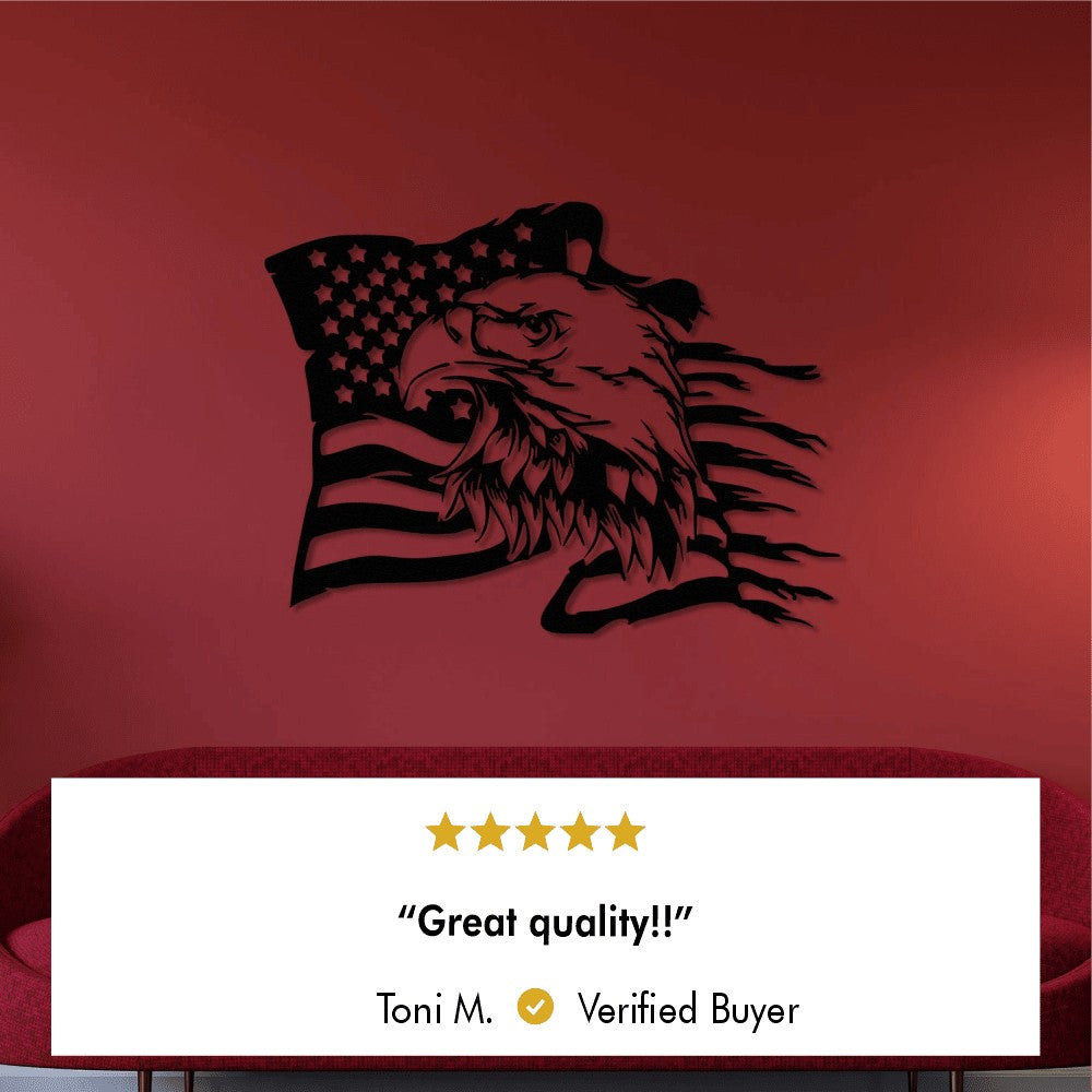 Bald eagle wall art on a red background with an American flag motif, reviewed as "Great quality!!" by a verified buyer. Perfect for patriotic decor.