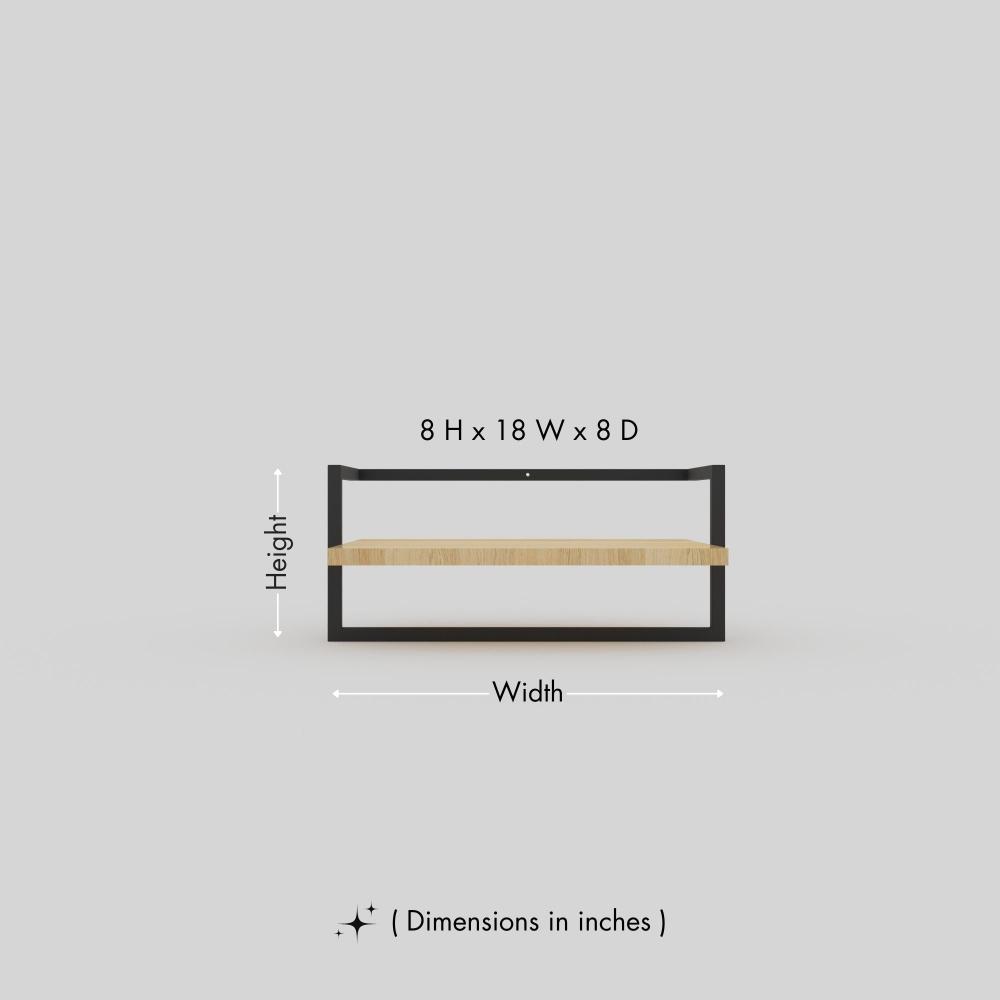 A diagram showcasing the dimensions of a wooden and black metal bathroom shelf, measuring 8 inches in height, 18 inches in width, and 8 inches in depth.