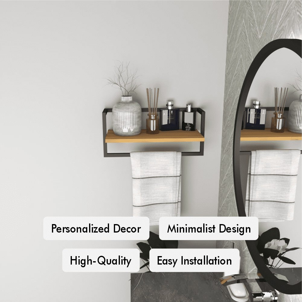 A black metal and wood bathroom shelf with decorative items, overlayed with text highlighting features like "personalized decor" and "easy installation."