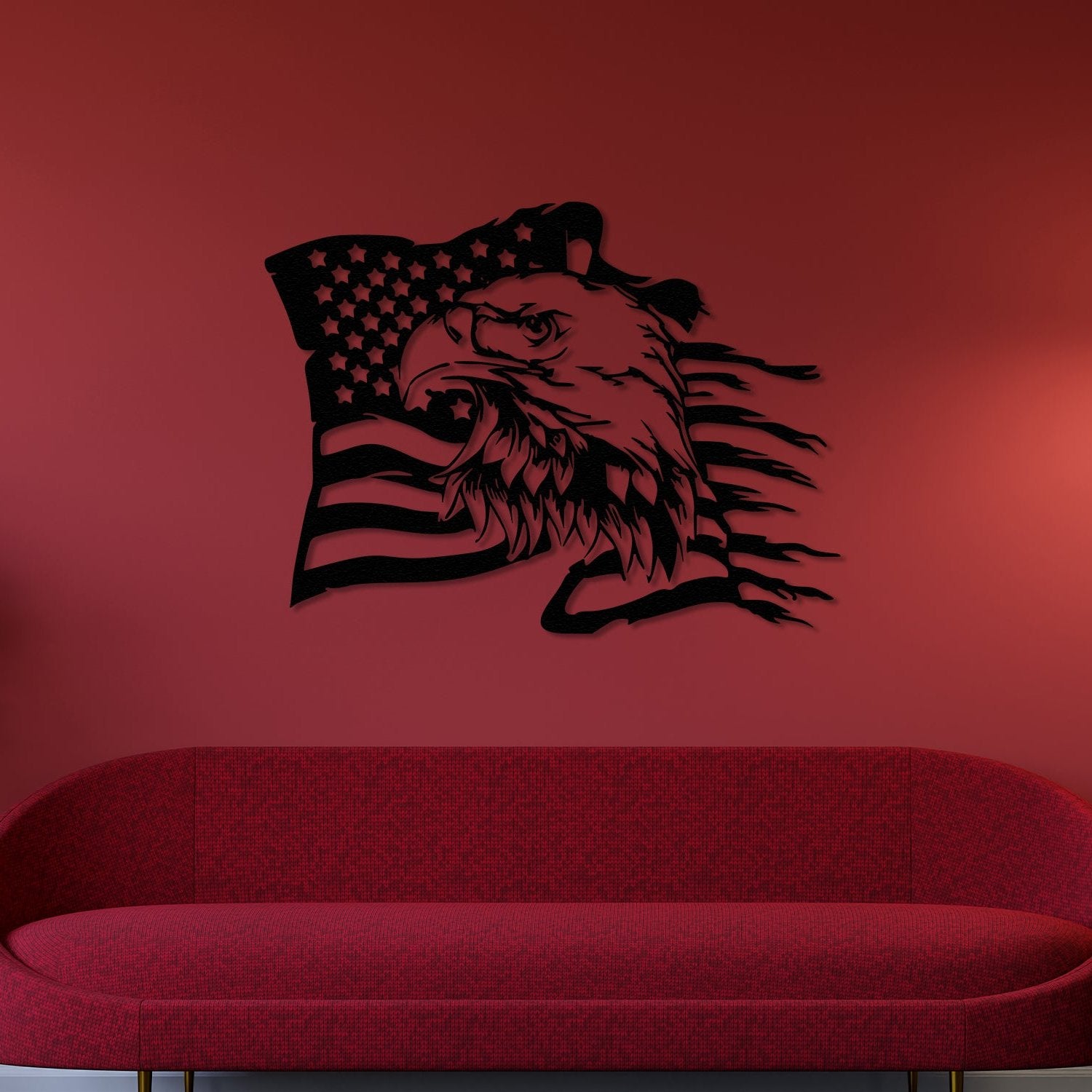 Black American eagle and flag metal wall art displayed on a red wall above a matching red sofa, creating a bold and patriotic decor statement in a modern living space.