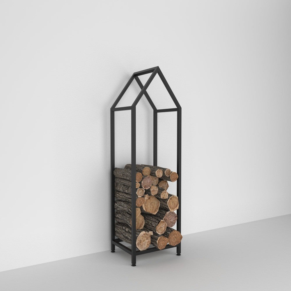 Minimalist black firewood rack with a house-shaped design, displaying neatly stacked firewood against a plain white background.