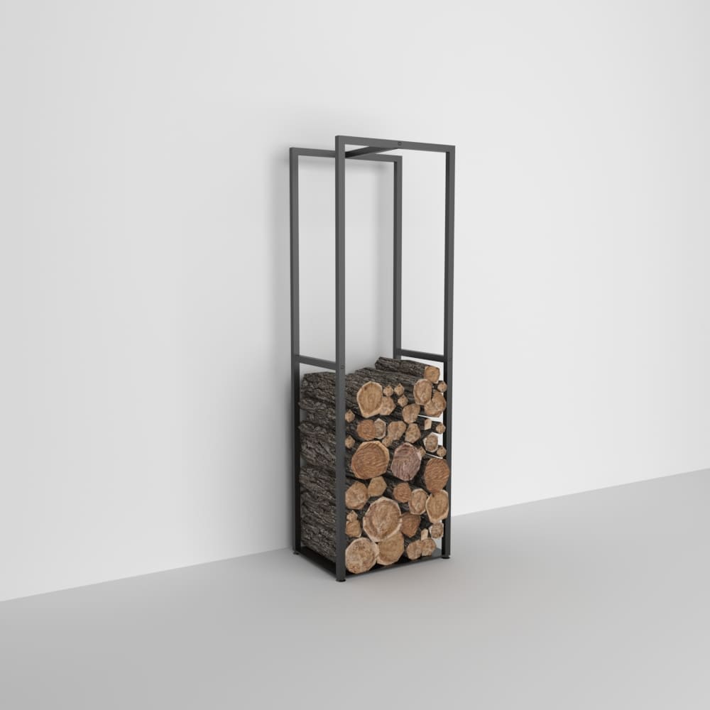 A sleek black metal firewood rack filled with stacked logs, placed against a plain white wall. The minimalist design emphasizes clean lines and functionality.