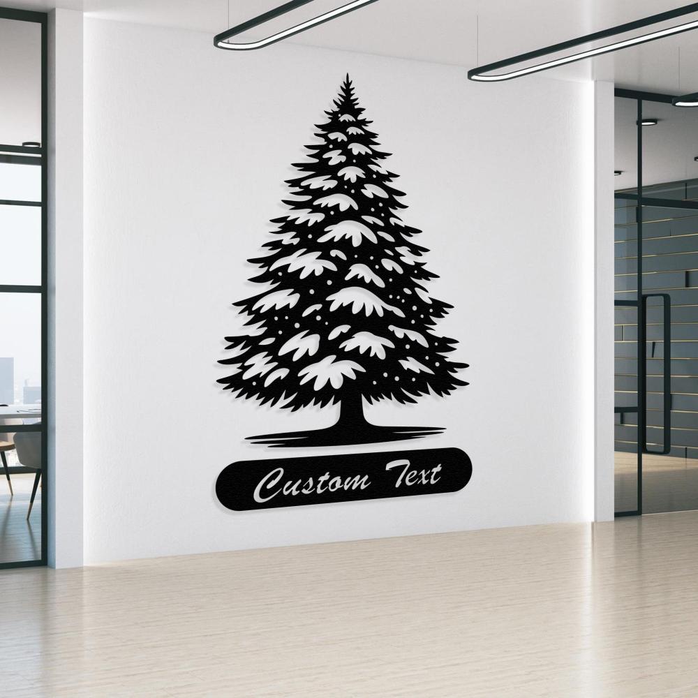 Black metal Christmas tree wall art with customizable text displayed in a modern office setting with white walls and sleek interior design.