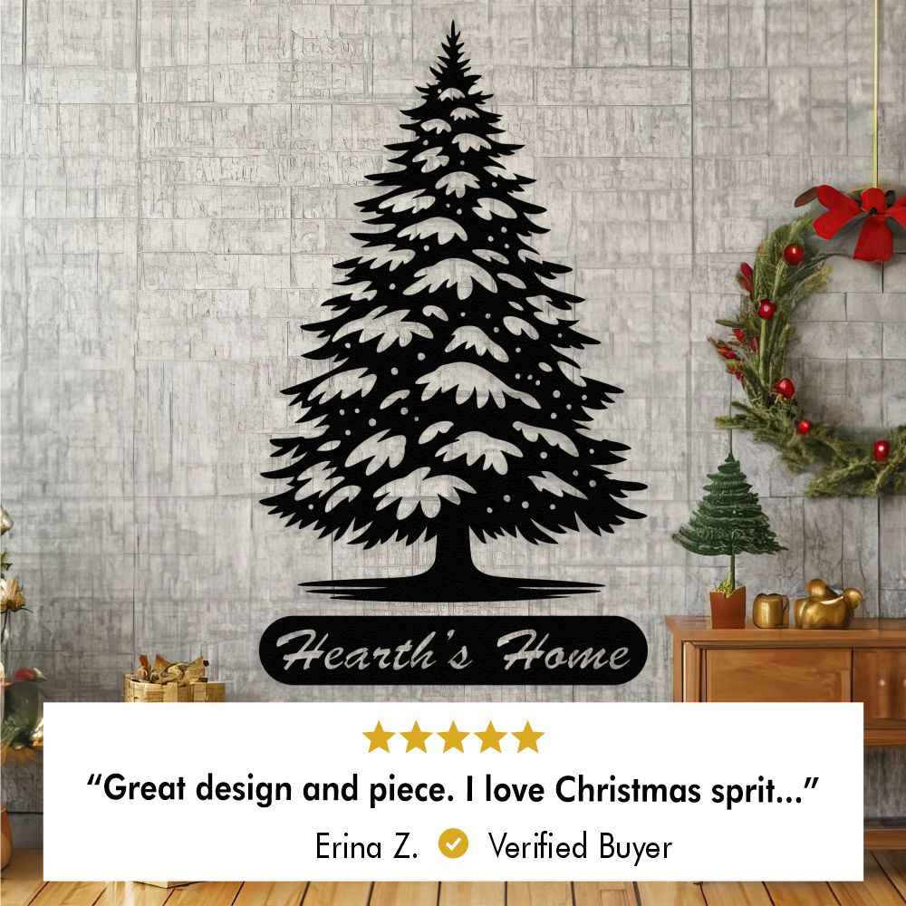 Black metal Christmas tree wall art with "Hearth's Home" custom text, displayed in a cozy holiday-themed interior with a wreath, decorative tree, and review overlay stating, "Great design and piece. I love Christmas spirit..." from Erina Z., Verified Buyer.