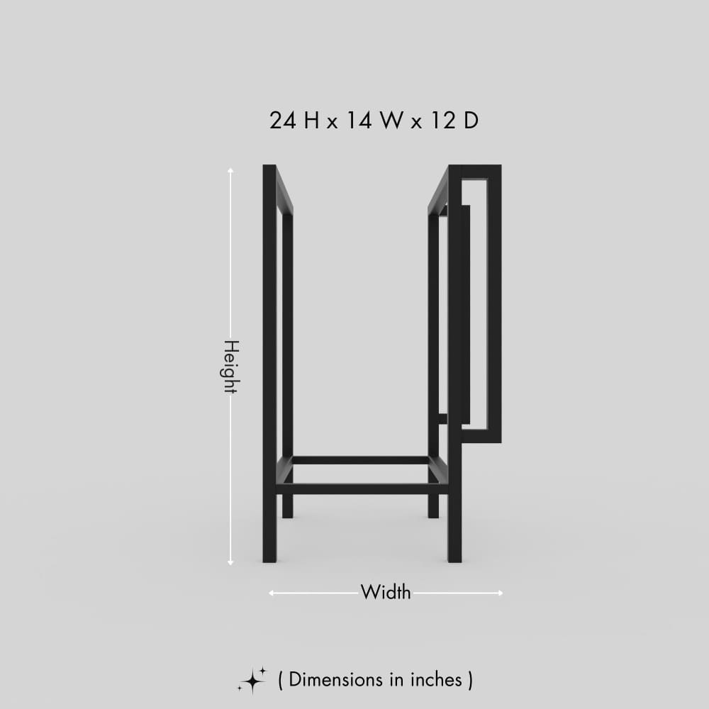 A sleek black metal firewood rack with a minimalist design, shown in profile view with dimensions labeled in inches, showcasing its compact structure