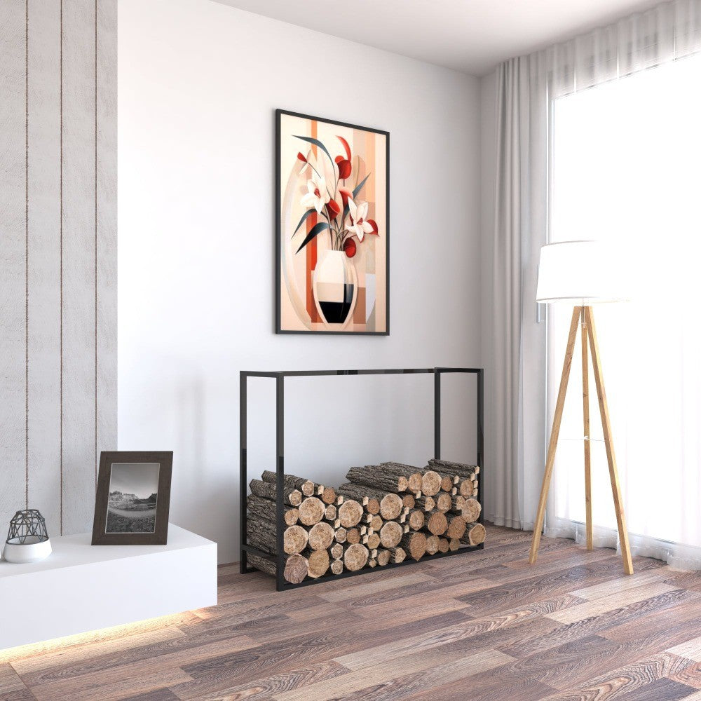  A simple black metal log holder stacked with firewood, displayed against a plain white background.