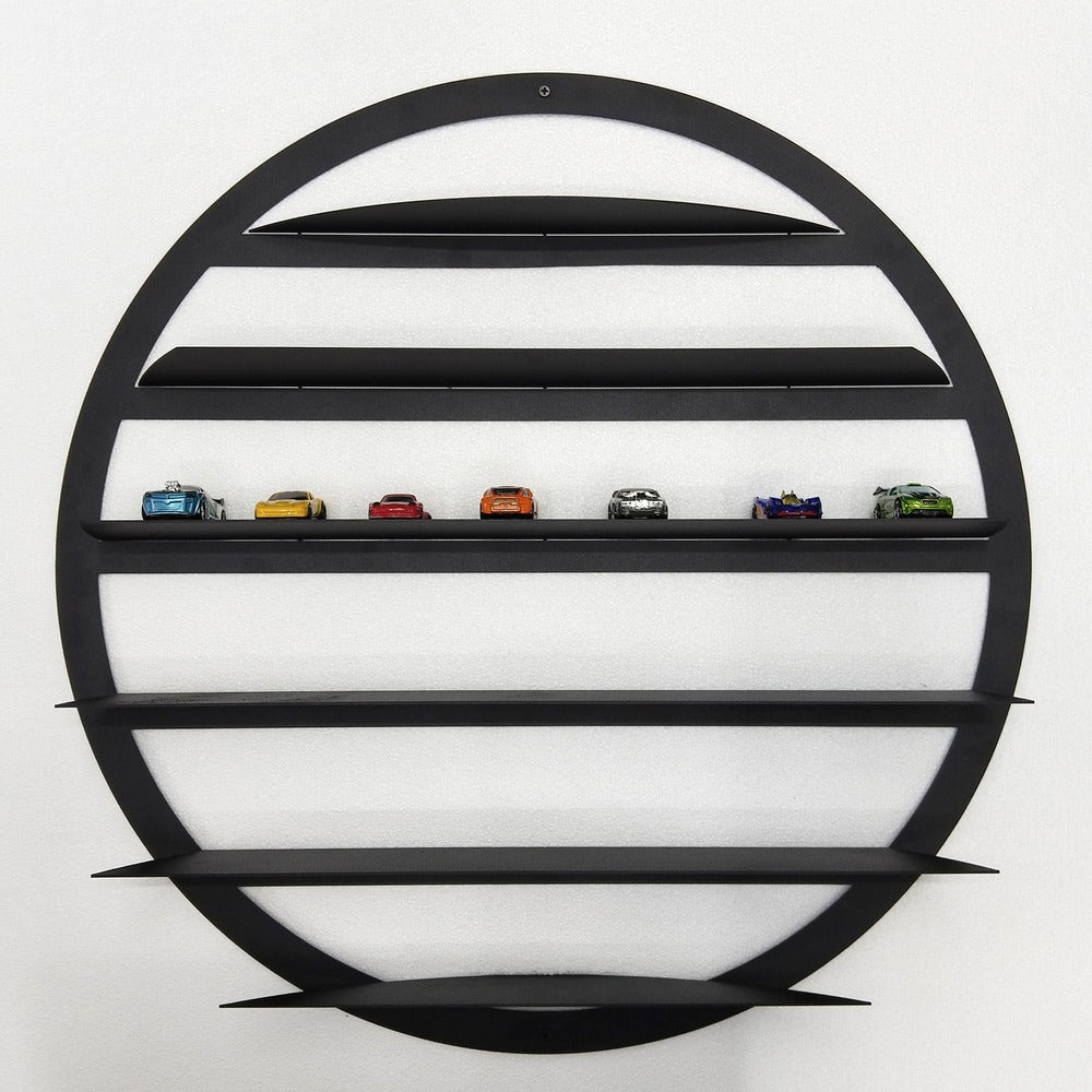 Modern metal shelf for scale car collections, featuring a round shape and wall-mounted design.