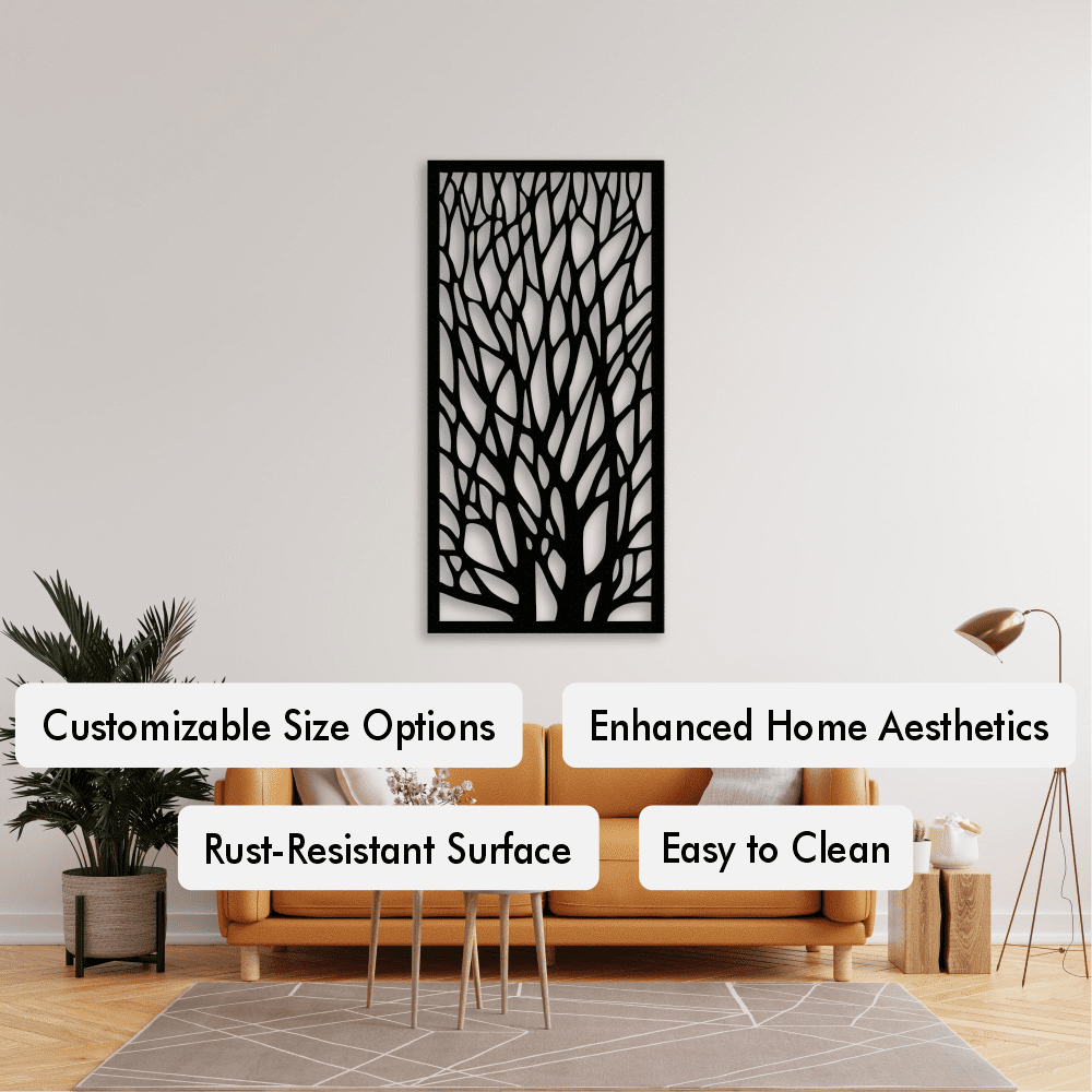 Black metal tree wall art displayed above a modern orange sofa with complementary throw pillows in a cozy living room. The scene includes a geometric-patterned rug, a minimalist tripod floor lamp, and indoor plants. Key features highlighted in text overlays: Customizable Size Options, Enhanced Home Aesthetics, Rust-Resistant Surface, and Easy to Clean.