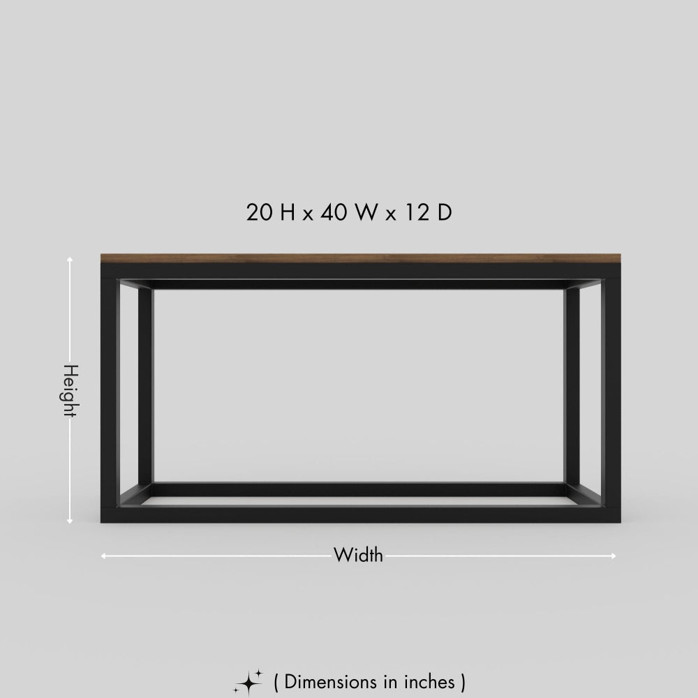 A black metal wood rack with a wooden top, showcasing its dimensions of 20 inches height, 40 inches width, and 12 inches depth.