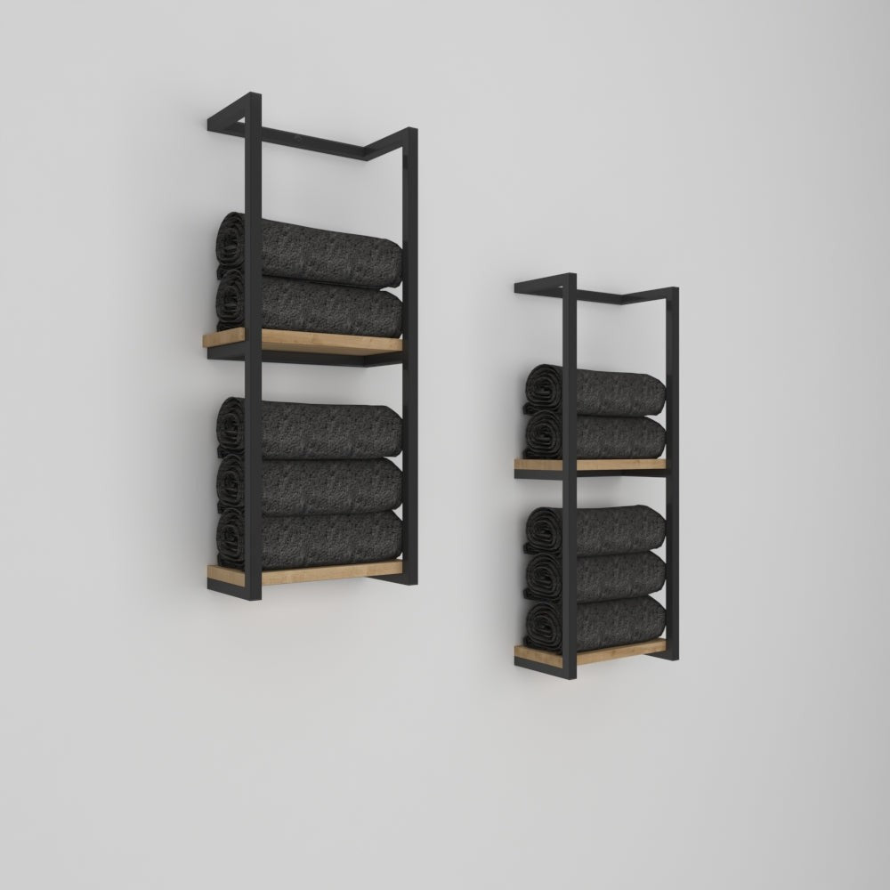 Seek black metal wall-mounted towel shelves with a light wood base, neatly holding dark gray towels, displayed against a clean white background