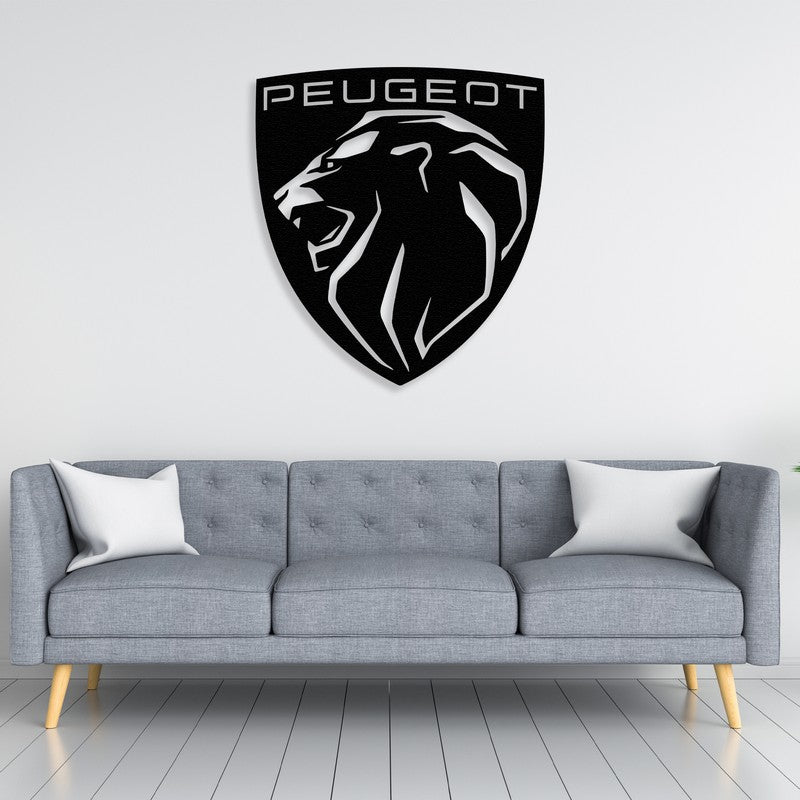 Modern peugeot logo black metal wall art  above a sleek gray sofa in a contemporary living room, complemented by minimalist decor and indoor greenery.