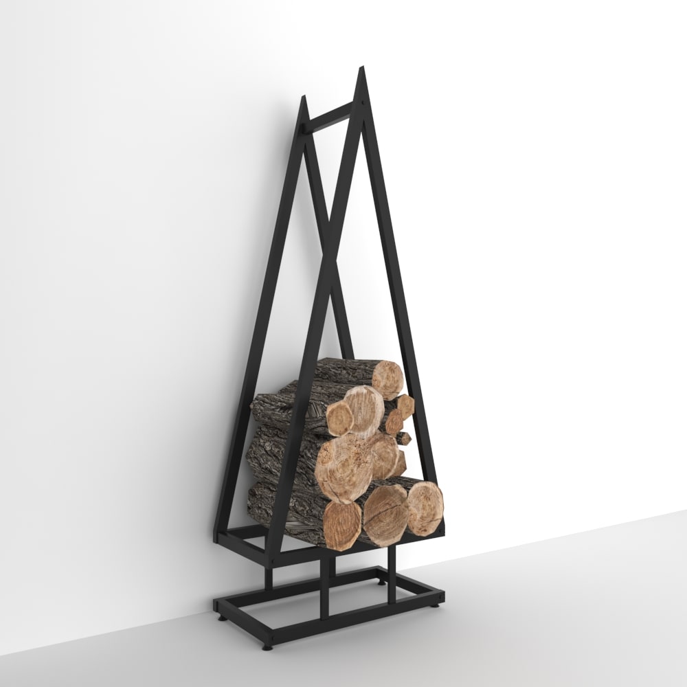 A black pine tree-shaped firewood rack against a white wall, holding neatly stacked logs on its base