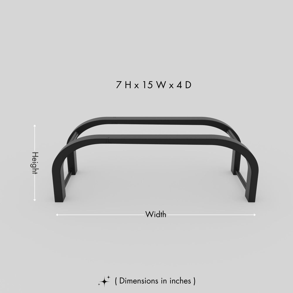 A black slipper rack shown with its dimensions, featuring a clean and simple design with a curved frame against a neutral background