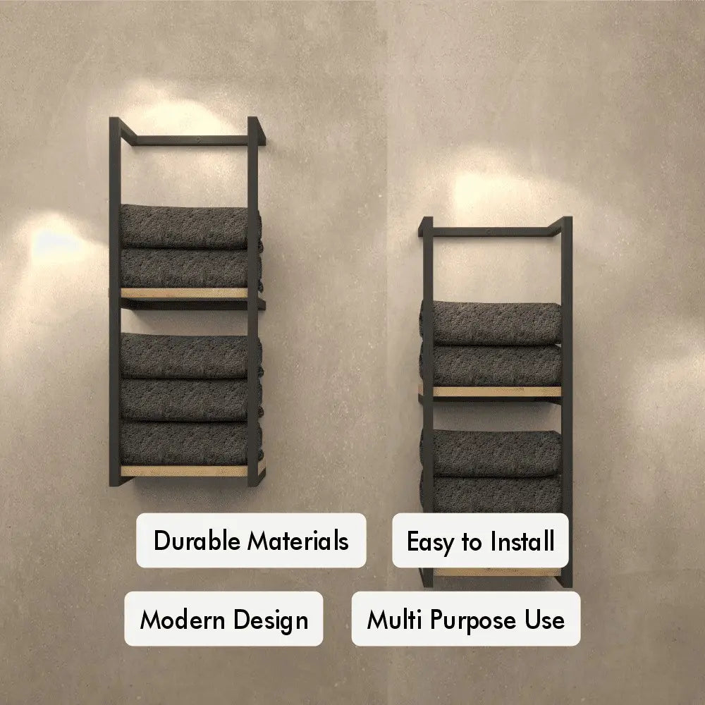 Back towel rack featuring a sleek modern design, with dark gray towels displayed on two tiers and labels highlighting durable materials, modern design, and ease of installation