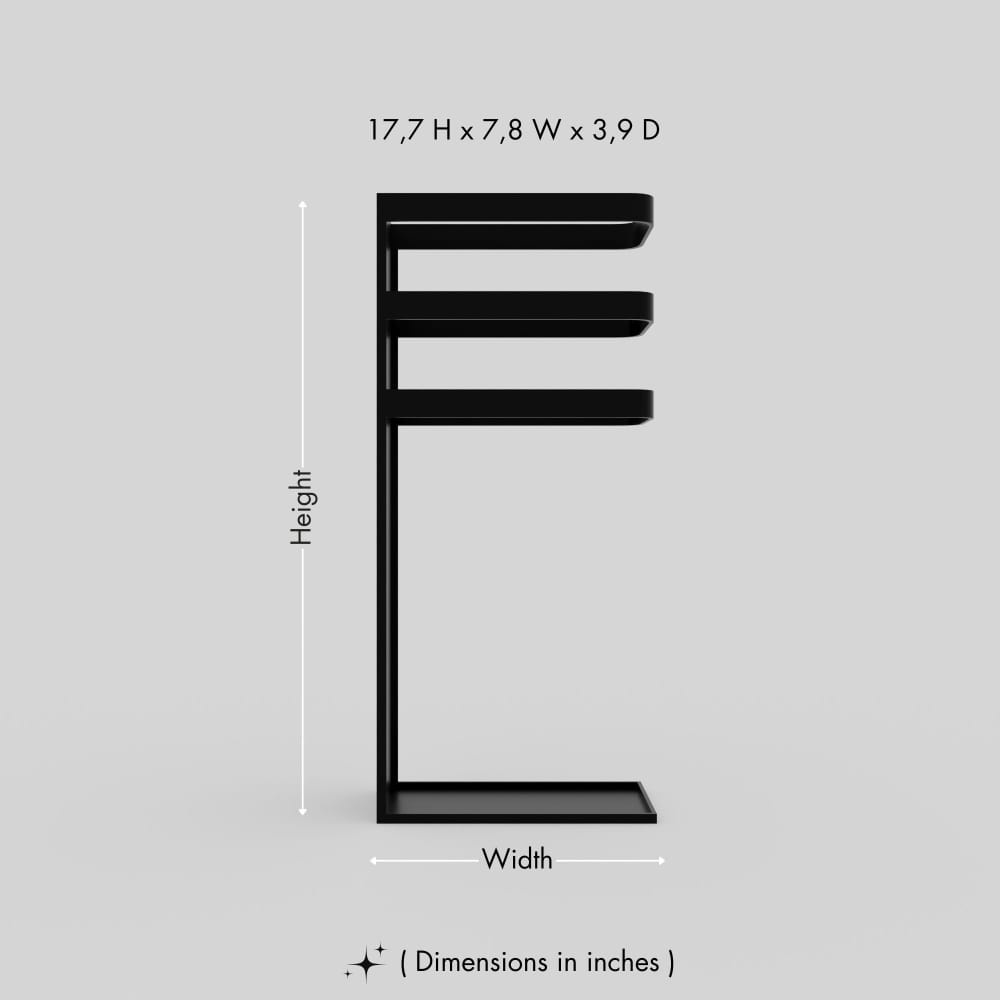 A black metal umbrella stand with dimensions labeled as 17.7 inches in height, 7.8 inches in width, and 3.9 inches in depth, set against a light gray background