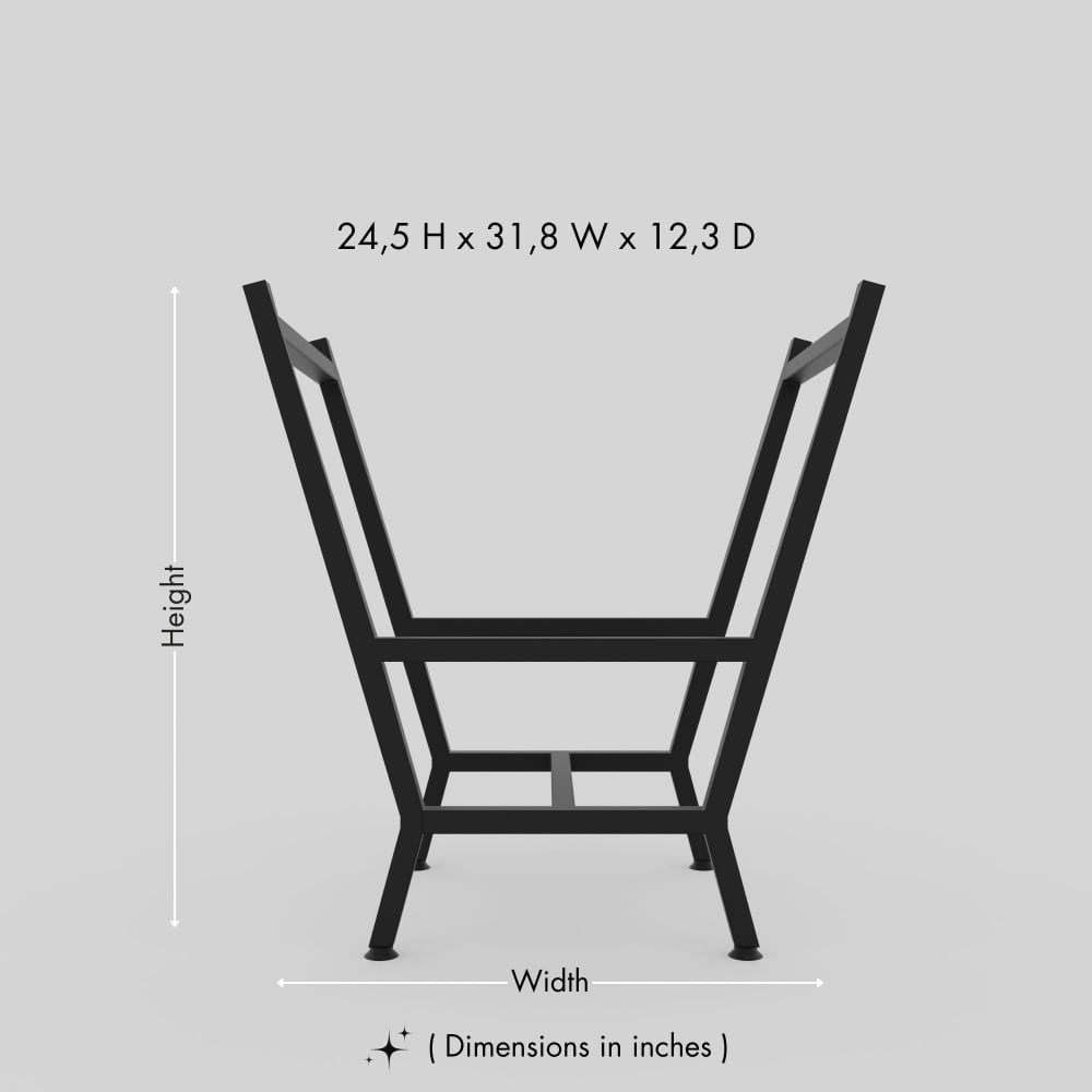 A black V-shaped metal wood rack with dimensions labeled as 24.5 inches in height, 31.8 inches in width, and 12.3 inches in depth, displayed against a light gray background