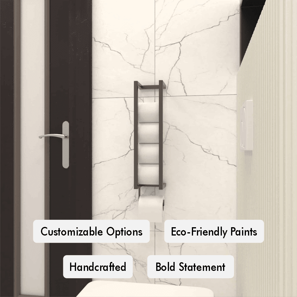 A close-up of a black wall-mounted toilet paper holder in a modern bathroom, showcasing multiple rolls in a vertical arrangement. Text overlays highlight features such as "Customizable Options," "Eco-Friendly Paints," "Handcrafted," and "Bold Statement."