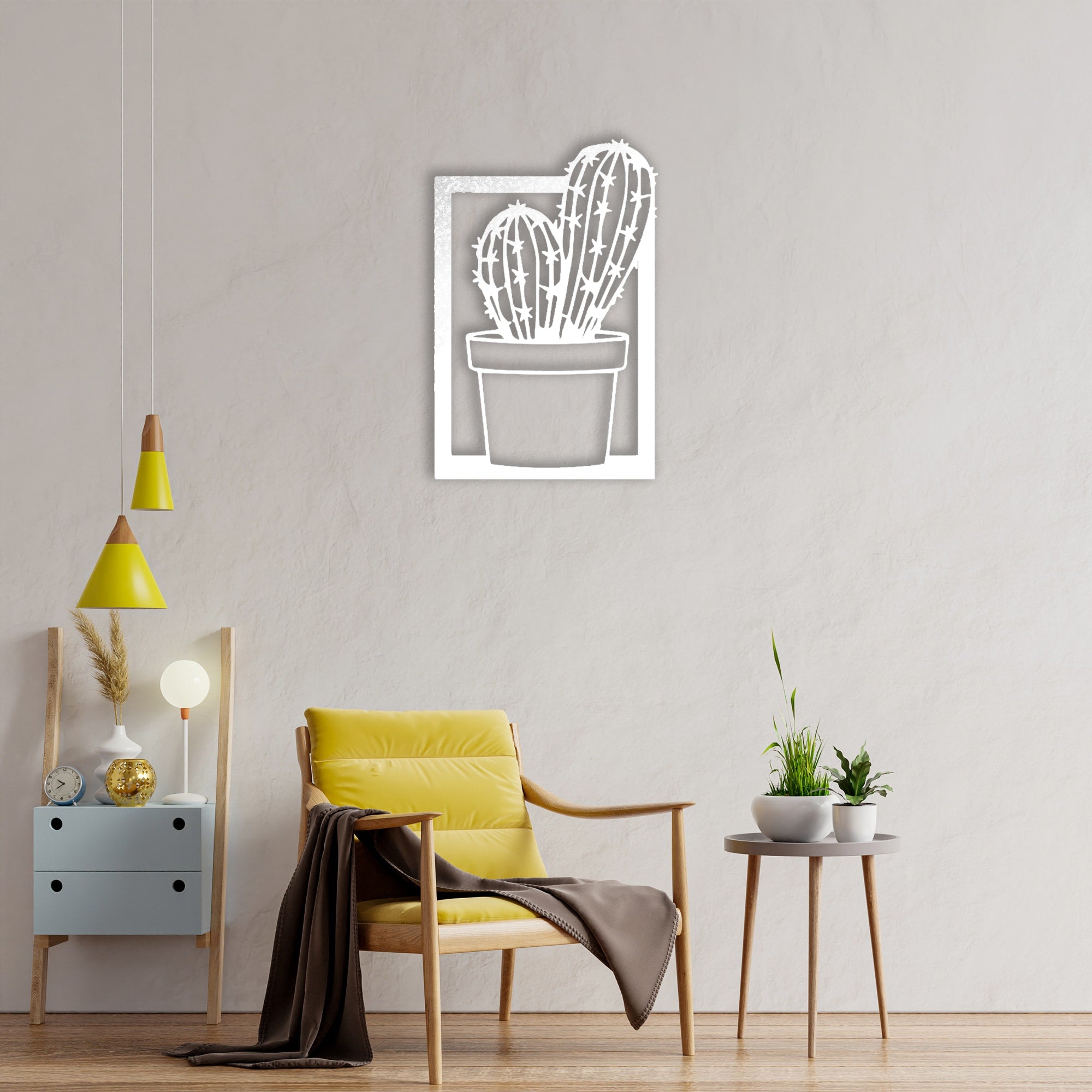 cactus with vase metal wall art white