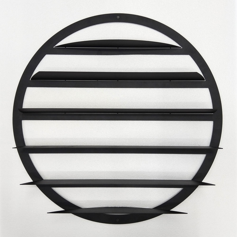 Stylish round black shelf crafted from metal, designed for model cars and wall mounting.