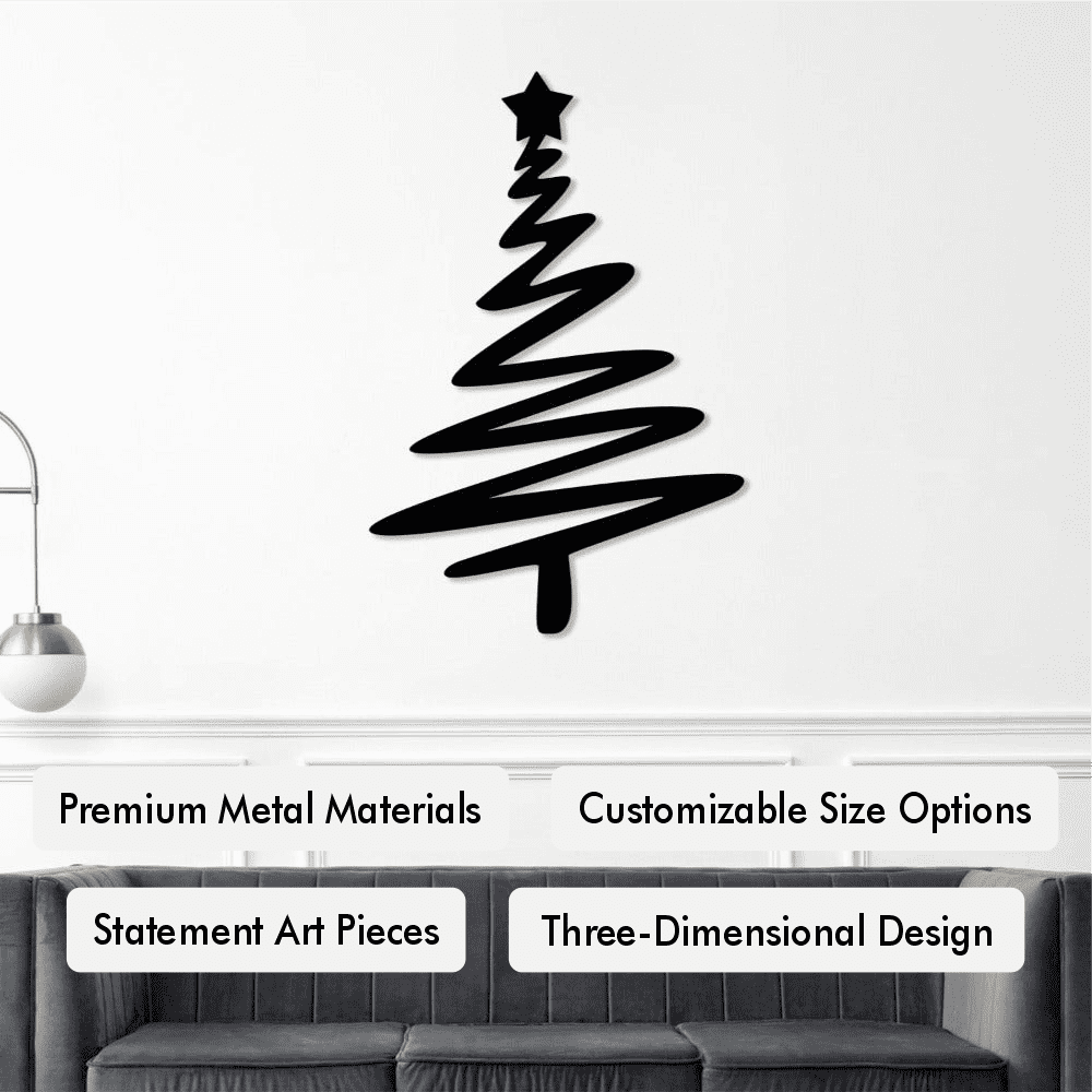 Black metal wall art in the shape of a modern Christmas tree with a star at the top, displayed on a white wall above a sleek black sofa. Highlighted features include premium metal materials, customizable size options, statement art pieces, and three-dimensional design.