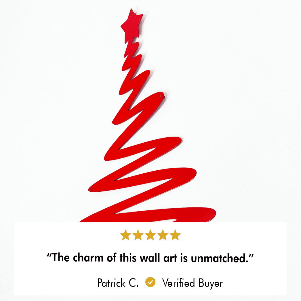 Red modern metal Christmas tree wall art with a star at the top, set against a white background. Includes a 5-star review from a verified buyer, Patrick C., stating, "The charm of this wall art is unmatched."