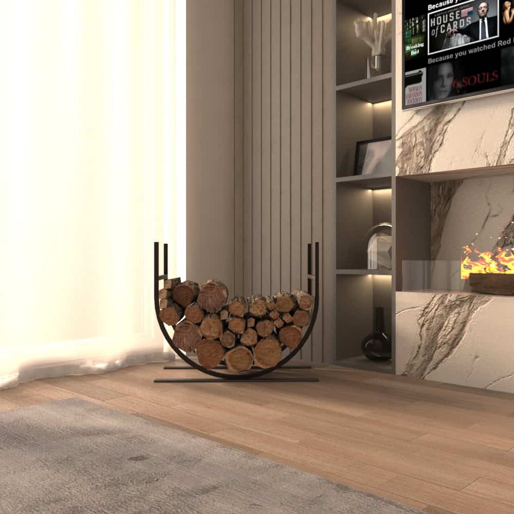 A close-up view of a sleek black oval-shaped metal log holder with firewood, positioned near a modern entertainment wall and fireplace